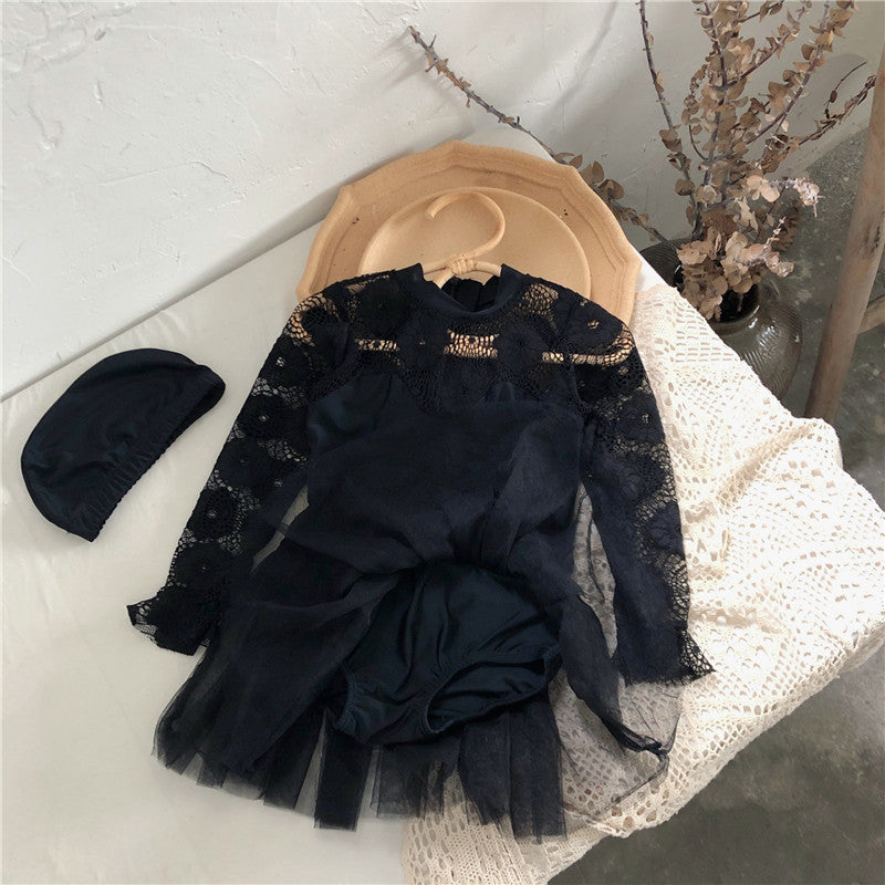 Girl's Summer New Korean-Style Black Lace Swimsuit with Cap
