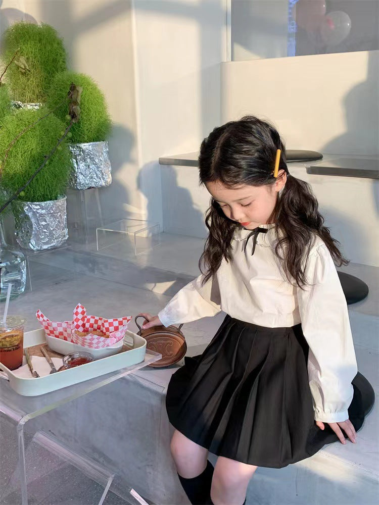 Girl's Lace Collar Shirt with Small Bow & Black Vest Skirt Set