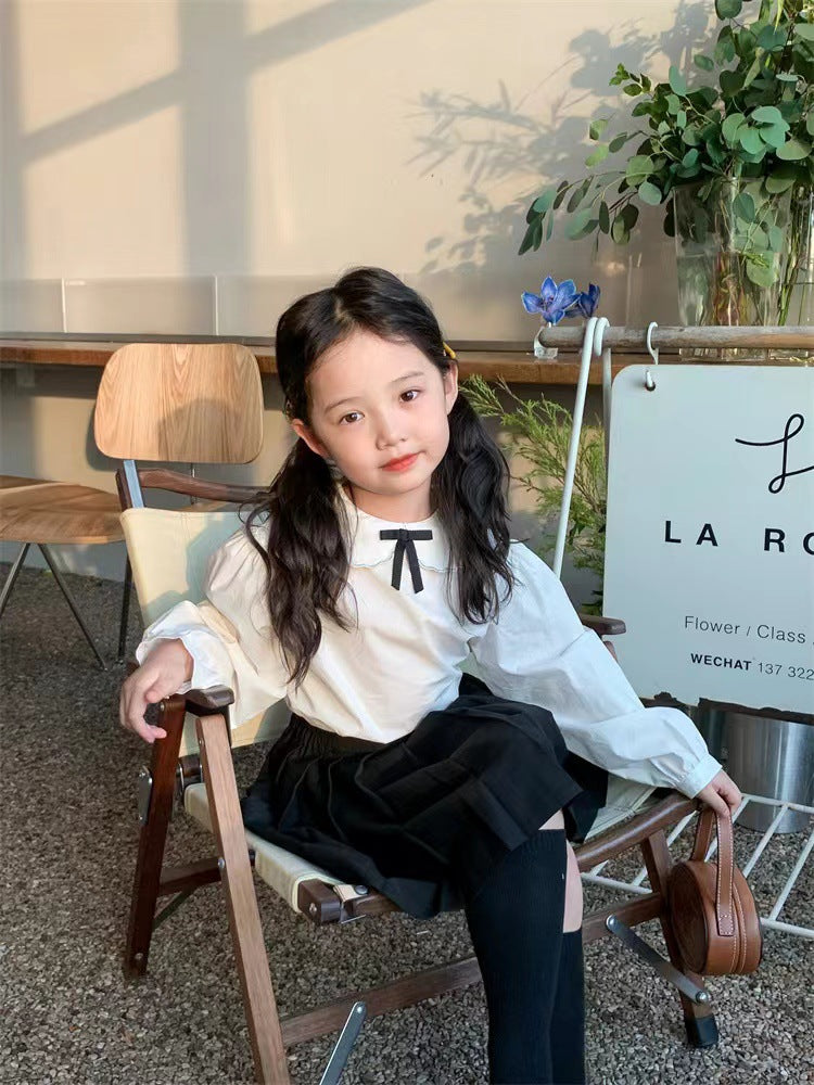 Girl's Lace Collar Shirt with Small Bow & Black Vest Skirt Set