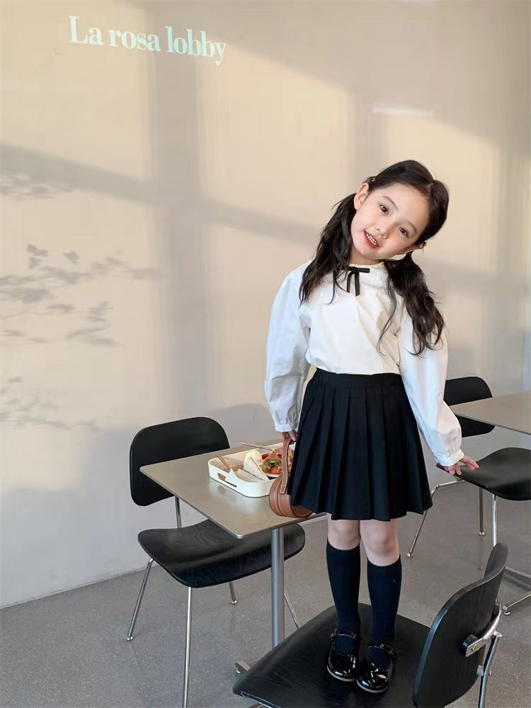 Girl's Lace Collar Shirt with Small Bow & Black Vest Skirt Set