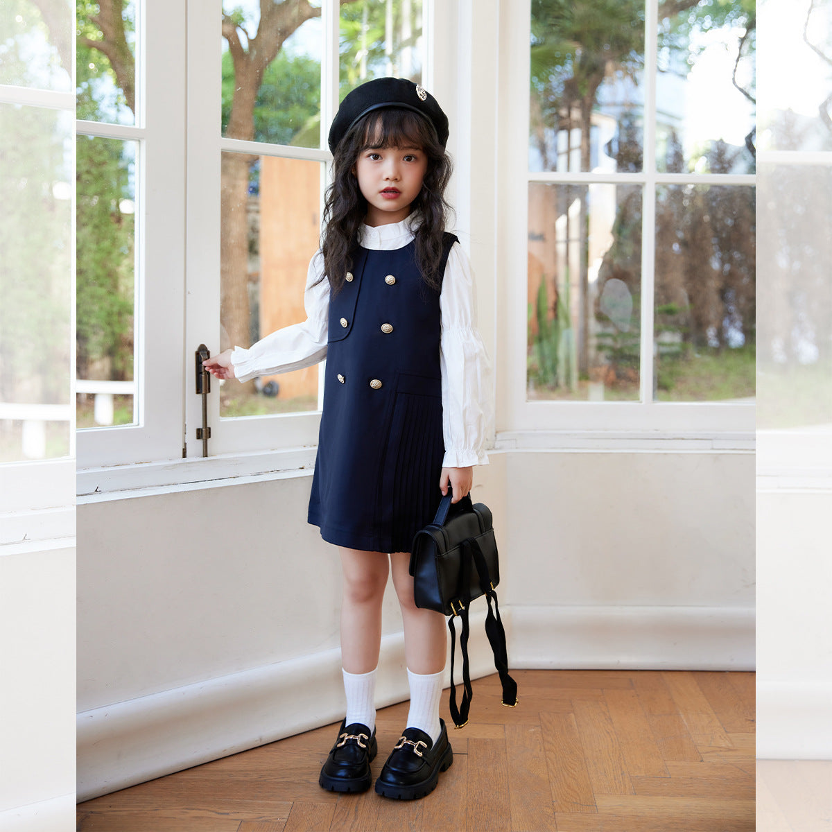 Girl's Doll Collar Shirt & JK Vest Skirt Set