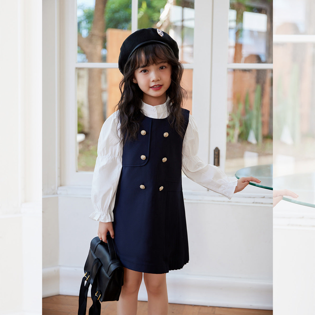 Girl's Doll Collar Shirt & JK Vest Skirt Set