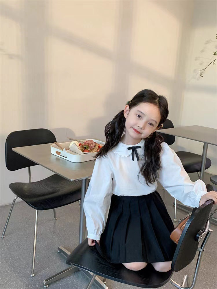 Girl's Lace Collar Shirt with Small Bow & Black Vest Skirt Set