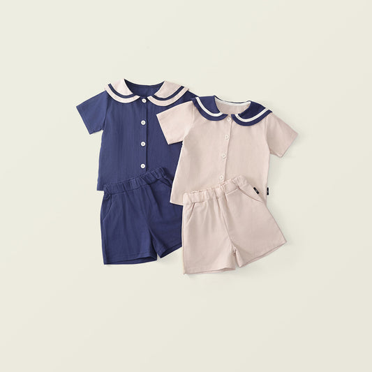 Girl's Summer Navy Style Cotton 2-Piece Set