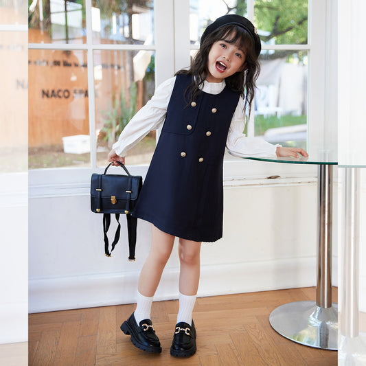 Girl's Doll Collar Shirt & JK Vest Skirt Set