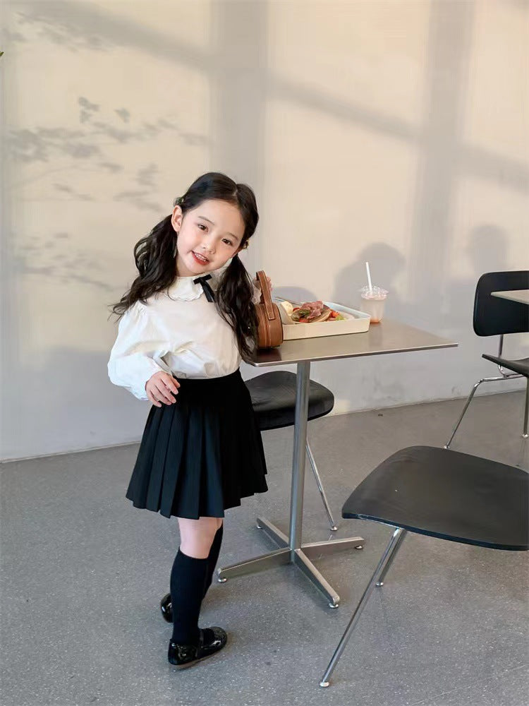 Girl's Lace Collar Shirt with Small Bow & Black Vest Skirt Set