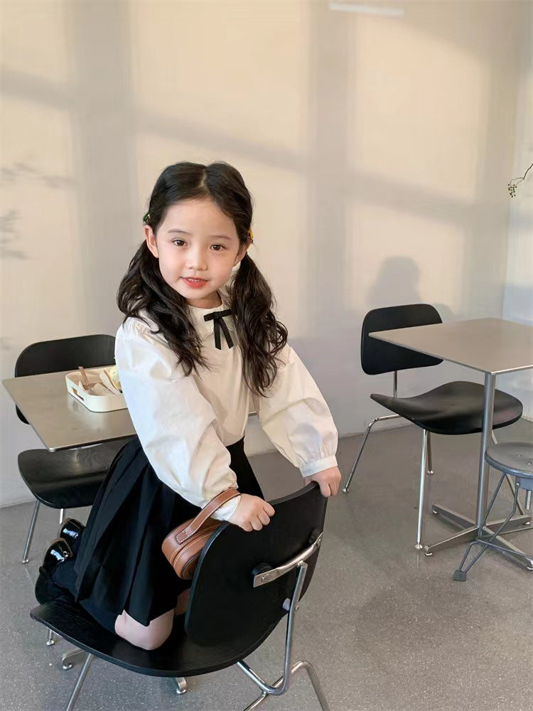 Girl's Lace Collar Shirt with Small Bow & Black Vest Skirt Set
